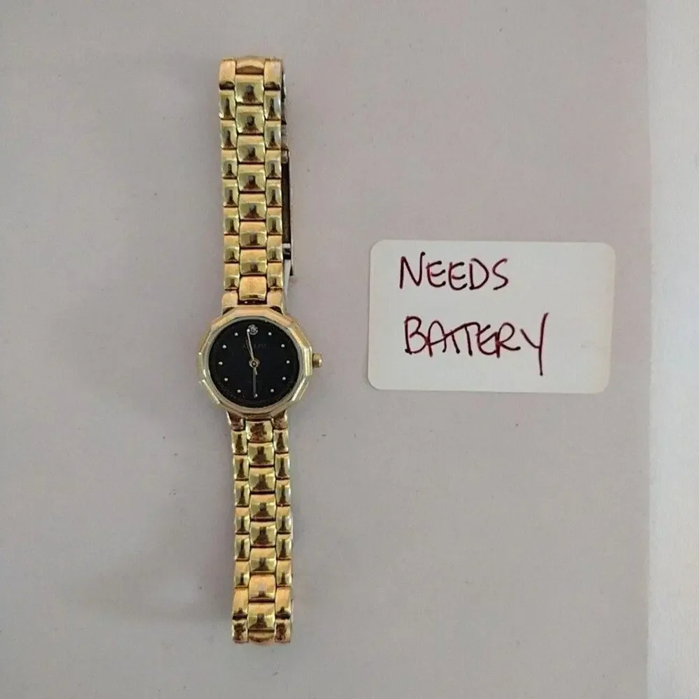 Adolfo Womens Watch Gold Tone Black Dial Bracelet Quartz Dress Needs Battery
